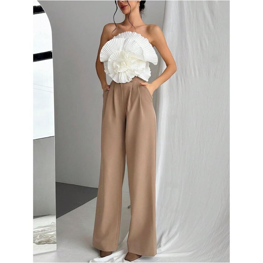 Women’s 3D Flower Strapless Bandeau Top Sleeveless Crop Slim Fit - Picture 6 of 6
